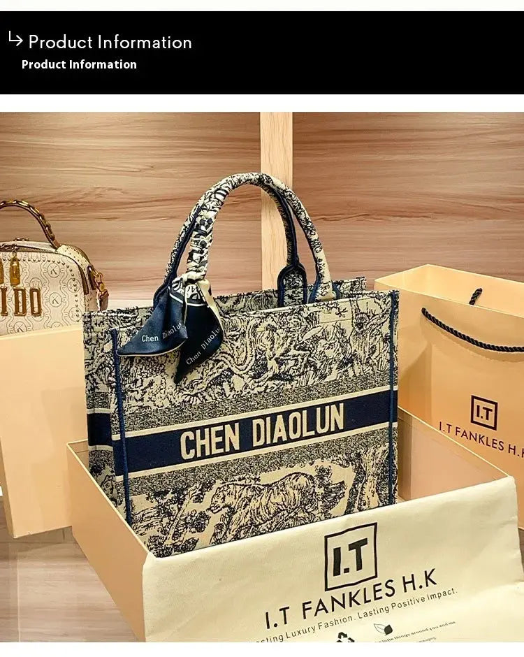 Hong Kong Embroidery Portable Tote Bag New Spring and Summer Large Capacity Premium Commuter Bag luxecrown.co.uk