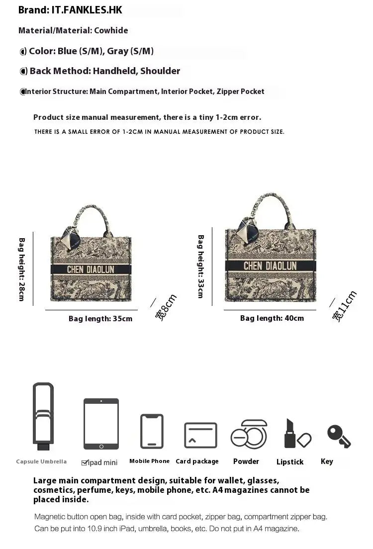 Hong Kong Embroidery Portable Tote Bag New Spring and Summer Large Capacity Premium Commuter Bag luxecrown.co.uk