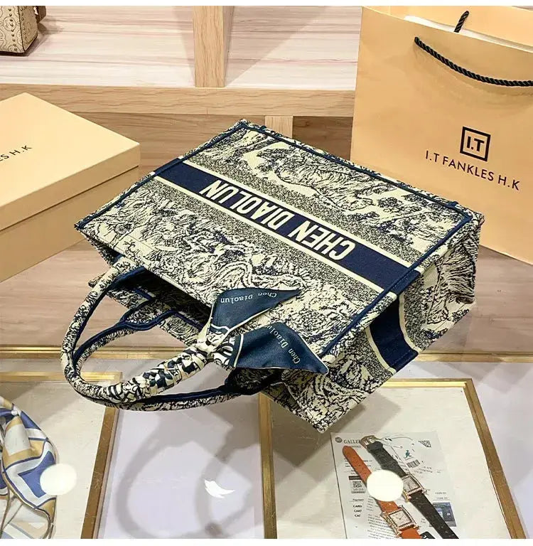 Hong Kong Embroidery Portable Tote Bag New Spring and Summer Large Capacity Premium Commuter Bag luxecrown.co.uk