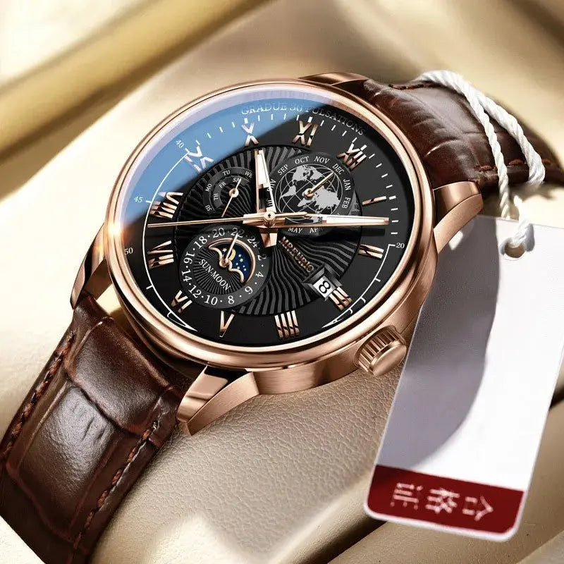 Hot Sale Brand Men Calendar Watch Fake Three Eye Starry Sky Moon Dial Business Watch Fashion Leather Belt Quartz Wristwatches luxecrown.co.uk