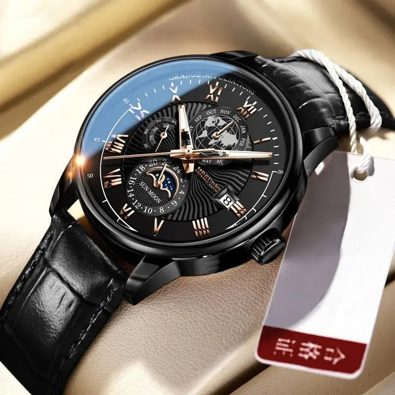 Hot Sale Brand Men Calendar Watch Fake Three Eye Starry Sky Moon Dial Business Watch Fashion Leather Belt Quartz Wristwatches luxecrown.co.uk