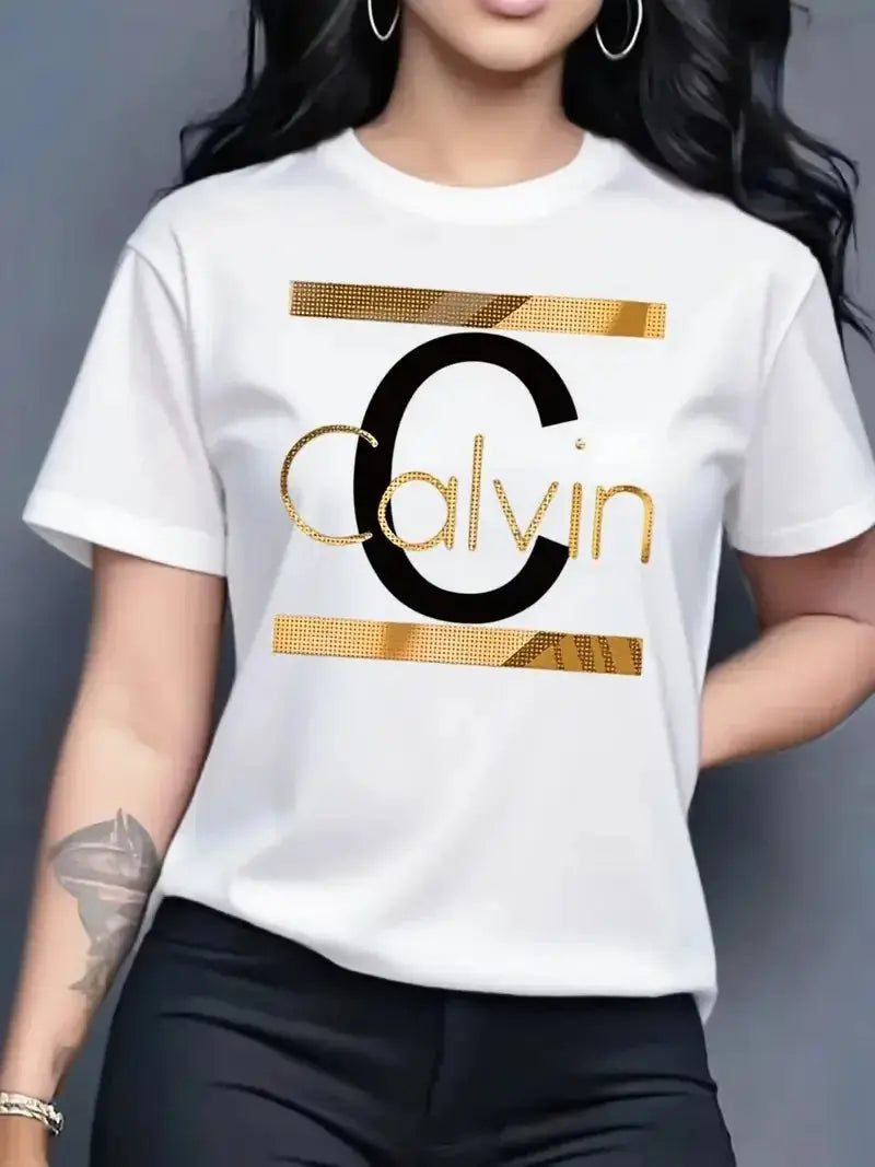 Hot Sale Women's Summer Fashion Casual Calvin Letter Pattern Print Loose Round Neck Short Sleeve Sportswear T-shirt y2k clothes luxecrown.co.uk