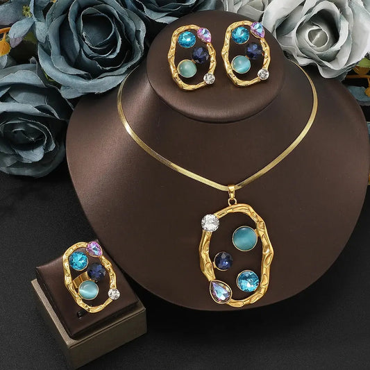 Hot sale colored gemstones Bride Jewelry Sets for Women Luxury  Necklace+ Earrings +ring stainless steel golden jewelry Streetsharks
