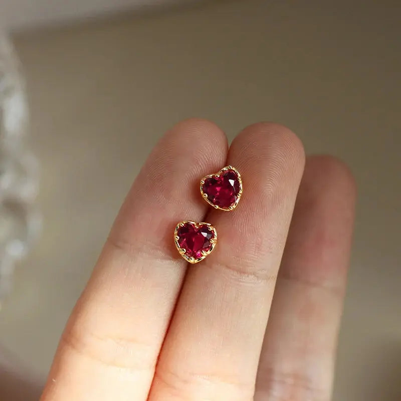 Huitan Charming Heart Red Zirconia Pierced Earrings Bridal Wedding Jewelry Chic Ear Stud Graceful Lady Engagement Accessories luxecrown.co.uk
