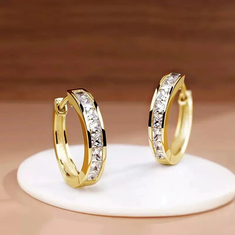 Huitan Classic Design Women Hoop Earrings Full with Princess Square CZ Simple and Elegant Female Accessories Versatile Jewelry luxecrown.co.uk
