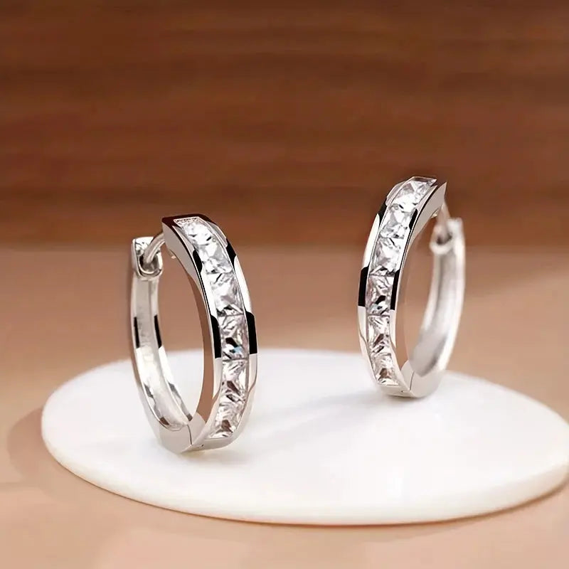 Huitan Classic Design Women Hoop Earrings Full with Princess Square CZ Simple and Elegant Female Accessories Versatile Jewelry luxecrown.co.uk