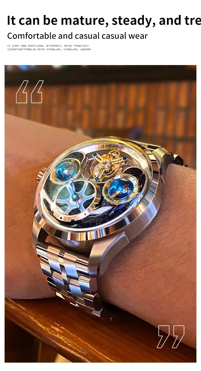 IDEAL KNIGHT Top Brand Luxruy Mens Watch Advanced Tourbillon Automatic Mechanical Watch Waterproof Luminous Dual Region Time luxecrown.co.uk