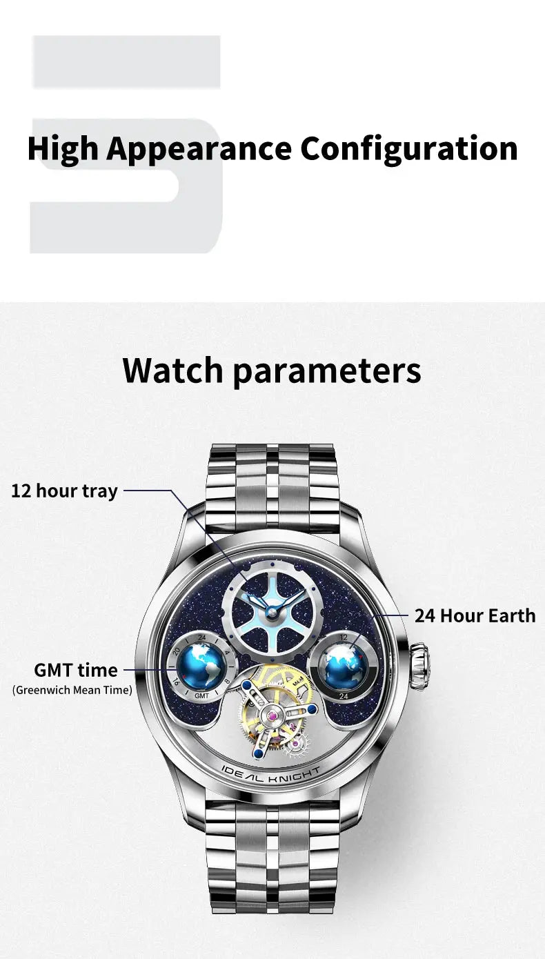 IDEAL KNIGHT Top Brand Luxruy Mens Watch Advanced Tourbillon Automatic Mechanical Watch Waterproof Luminous Dual Region Time luxecrown.co.uk