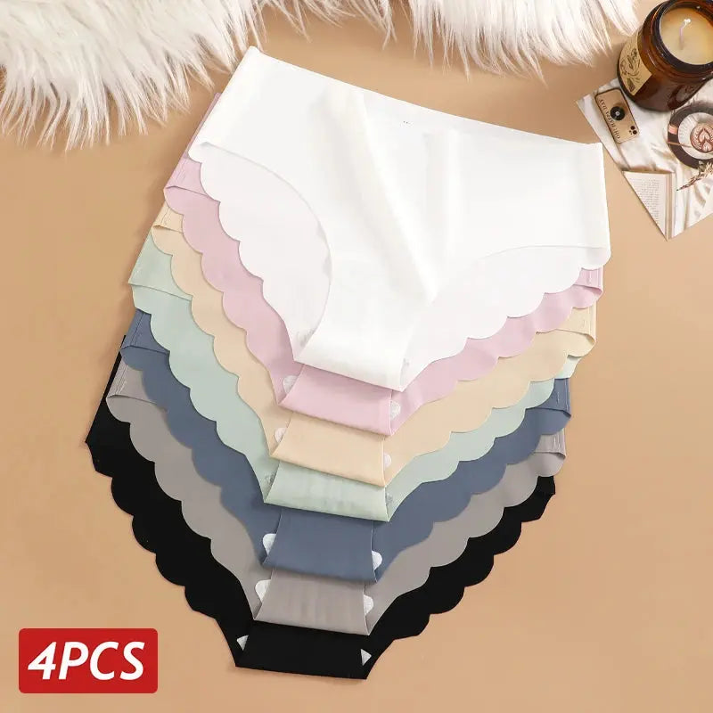 Ice Silk Seamless Panties 4PCS/Set Women's Briefs Solid Color Elastic Underwear Female Ultra Thin No Trace Wavy Side Panties luxecrown.co.uk