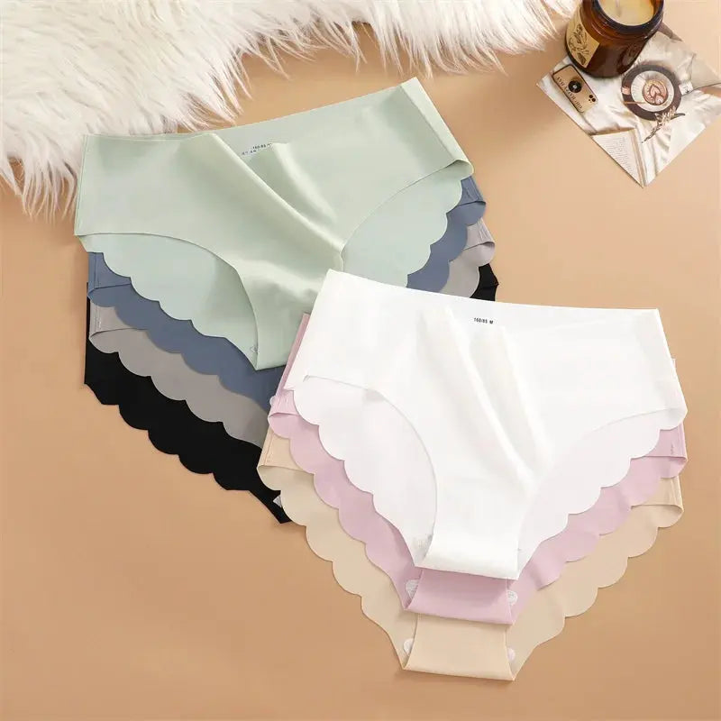 Ice Silk Seamless Panties 4PCS/Set Women's Briefs Solid Color Elastic Underwear Female Ultra Thin No Trace Wavy Side Panties luxecrown.co.uk