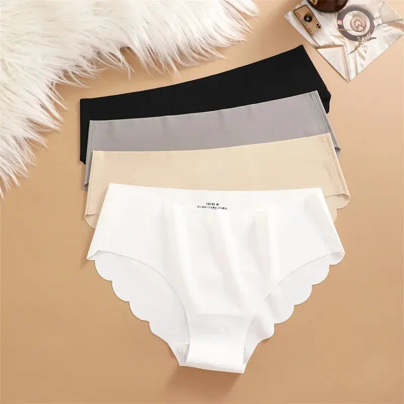 Ice Silk Seamless Panties 4PCS/Set Women's Briefs Solid Color Elastic Underwear Female Ultra Thin No Trace Wavy Side Panties luxecrown.co.uk