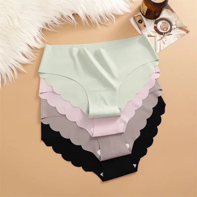 Ice Silk Seamless Panties 4PCS/Set Women's Briefs Solid Color Elastic Underwear Female Ultra Thin No Trace Wavy Side Panties luxecrown.co.uk