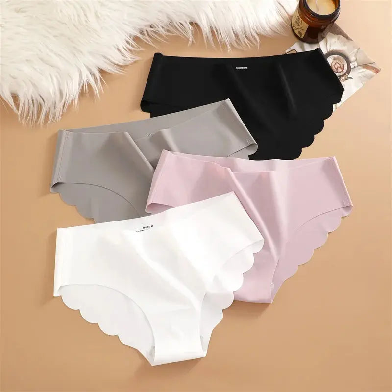 Ice Silk Seamless Panties 4PCS/Set Women's Briefs Solid Color Elastic Underwear Female Ultra Thin No Trace Wavy Side Panties luxecrown.co.uk