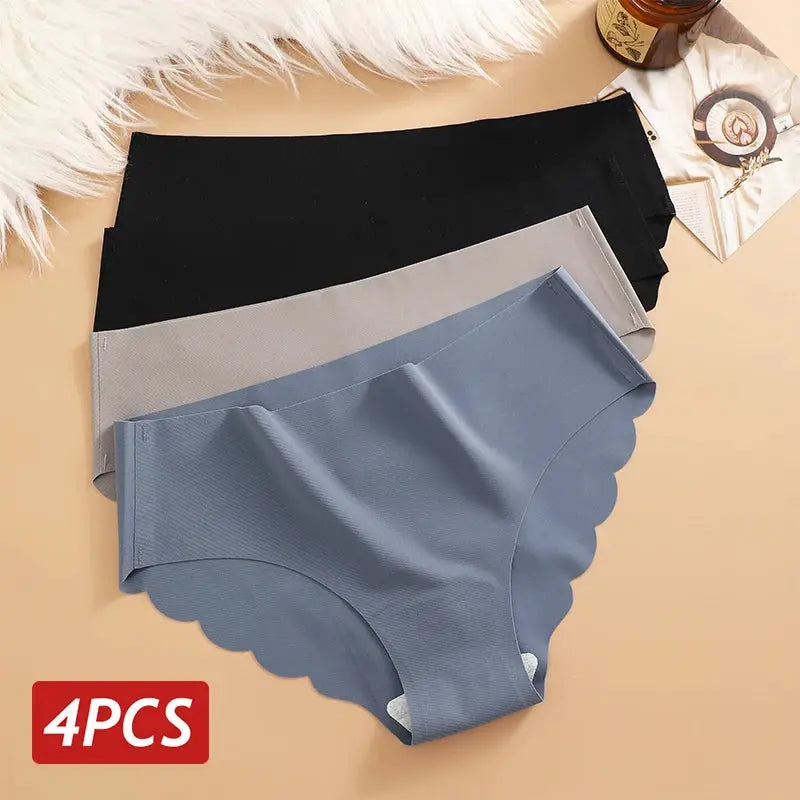 Ice Silk Seamless Panties 4PCS/Set Women's Briefs Solid Color Elastic Underwear Female Ultra Thin No Trace Wavy Side Panties luxecrown.co.uk