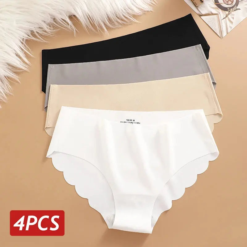 Ice Silk Seamless Panties 4PCS/Set Women's Briefs Solid Color Elastic Underwear Female Ultra Thin No Trace Wavy Side Panties luxecrown.co.uk