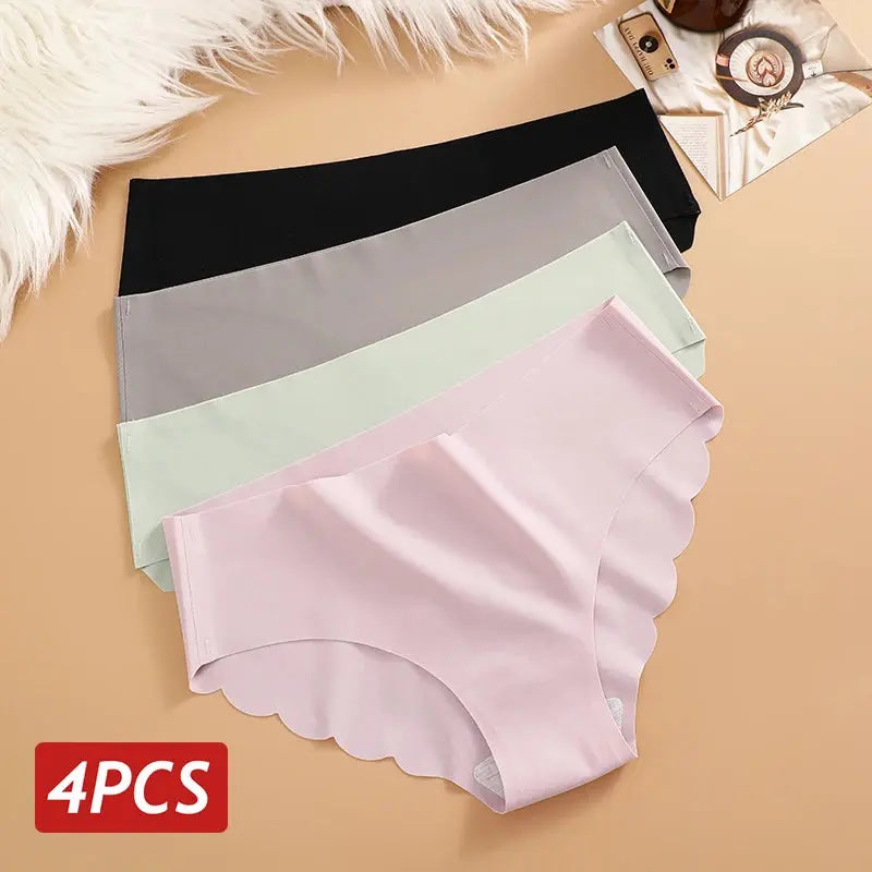 Ice Silk Seamless Panties 4PCS/Set Women's Briefs Solid Color Elastic Underwear Female Ultra Thin No Trace Wavy Side Panties luxecrown.co.uk