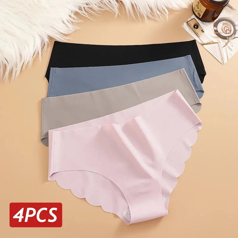 Ice Silk Seamless Panties 4PCS/Set Women's Briefs Solid Color Elastic Underwear Female Ultra Thin No Trace Wavy Side Panties luxecrown.co.uk