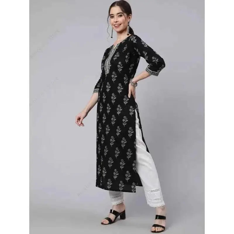 Indian Ethnic Kurta for Women Black Cotton Floral Print Tunic Top 3/4 Sleeve Round Neck Casual Mid-Length Kurti India Dress