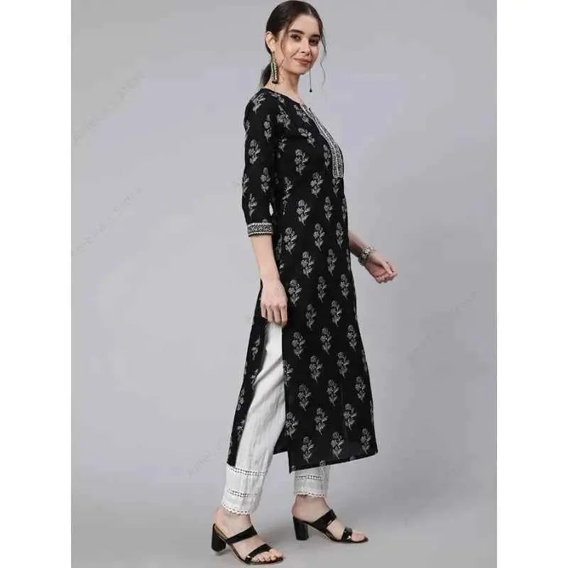 Indian Ethnic Kurta for Women Black Cotton Floral Print Tunic Top 3/4 Sleeve Round Neck Casual Mid-Length Kurti India Dress