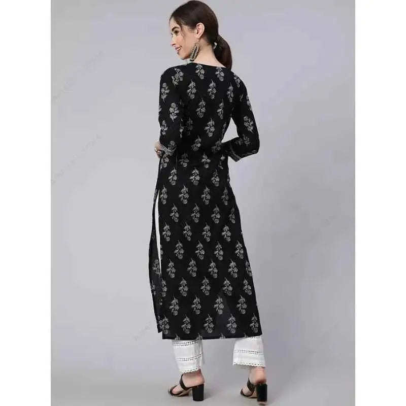 Indian Ethnic Kurta for Women Black Cotton Floral Print Tunic Top 3/4 Sleeve Round Neck Casual Mid-Length Kurti India Dress