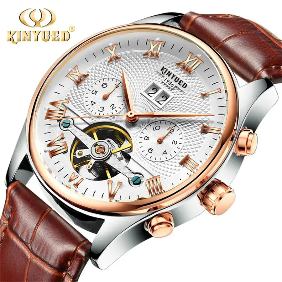 KINYUED Tourbillon Men Watches Fashion Business Automatic Mechanical Watch Men Casual Leather Waterproof Watch Relogio Masculino luxecrown.co.uk
