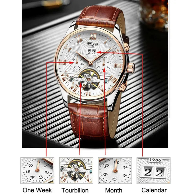 KINYUED Tourbillon Men Watches Fashion Business Automatic Mechanical Watch Men Casual Leather Waterproof Watch Relogio Masculino luxecrown.co.uk
