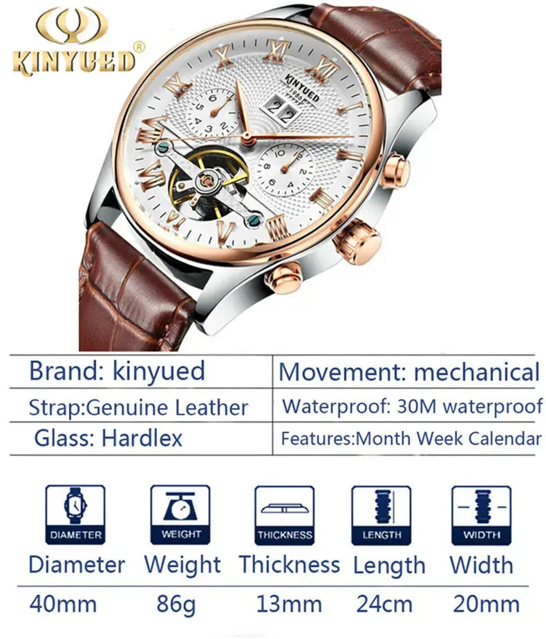 KINYUED Tourbillon Men Watches Fashion Business Automatic Mechanical Watch Men Casual Leather Waterproof Watch Relogio Masculino luxecrown.co.uk