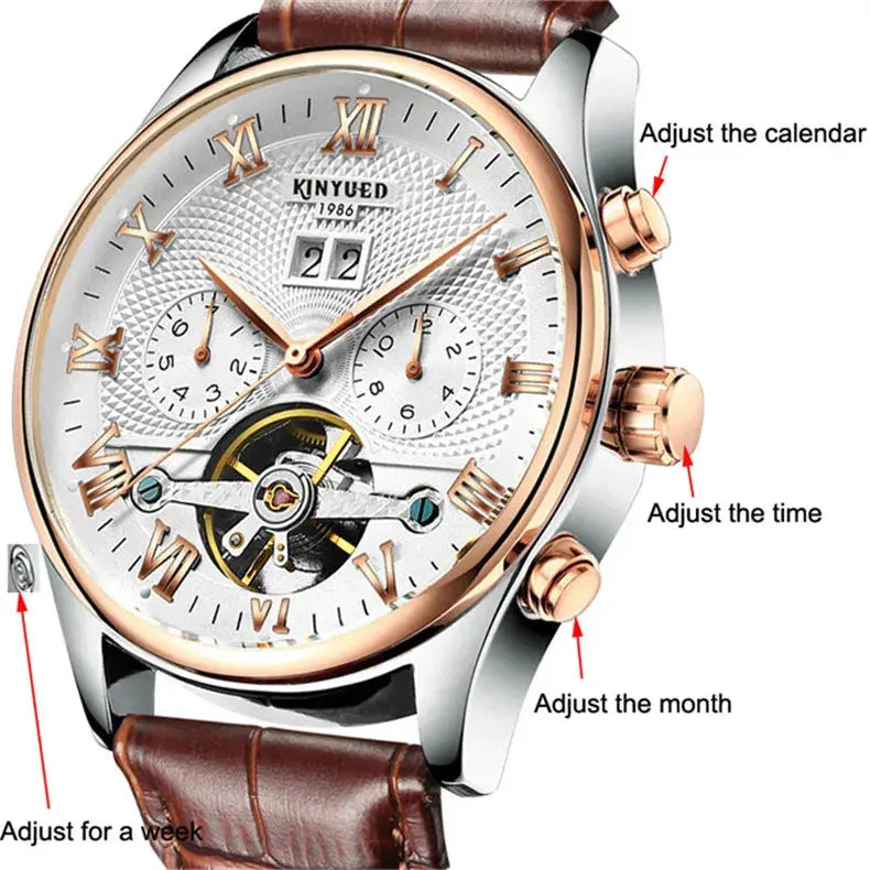 KINYUED Tourbillon Men Watches Fashion Business Automatic Mechanical Watch Men Casual Leather Waterproof Watch Relogio Masculino luxecrown.co.uk