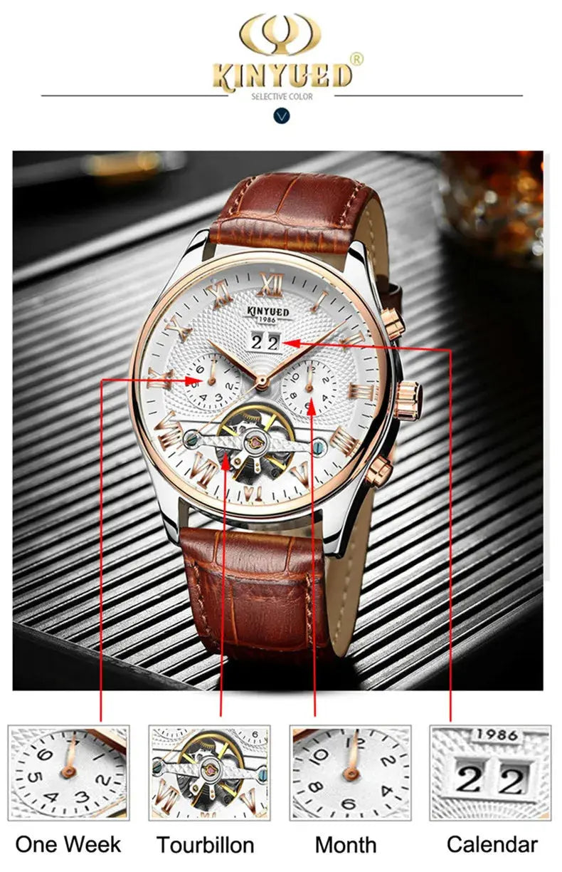 KINYUED Tourbillon Men Watches Fashion Business Automatic Mechanical Watch Men Casual Leather Waterproof Watch Relogio Masculino luxecrown.co.uk