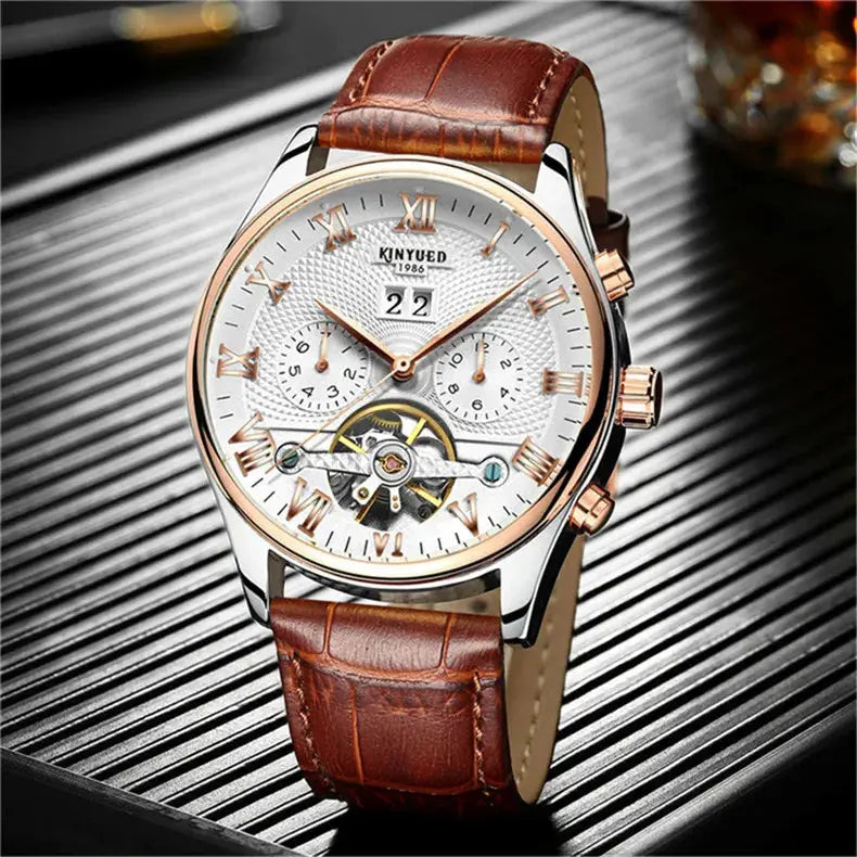 KINYUED Tourbillon Men Watches Fashion Business Automatic Mechanical Watch Men Casual Leather Waterproof Watch Relogio Masculino luxecrown.co.uk