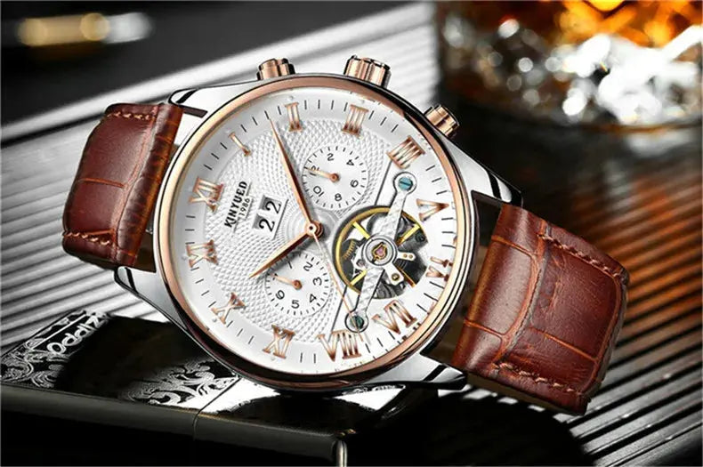 KINYUED Tourbillon Men Watches Fashion Business Automatic Mechanical Watch Men Casual Leather Waterproof Watch Relogio Masculino luxecrown.co.uk