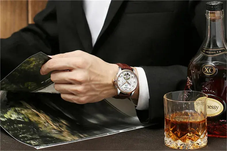 KINYUED Tourbillon Men Watches Fashion Business Automatic Mechanical Watch Men Casual Leather Waterproof Watch Relogio Masculino luxecrown.co.uk