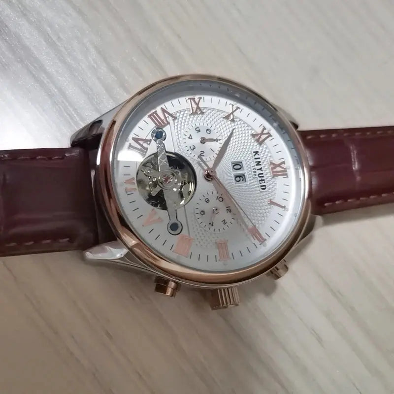 KINYUED Tourbillon Men Watches Fashion Business Automatic Mechanical Watch Men Casual Leather Waterproof Watch Relogio Masculino luxecrown.co.uk