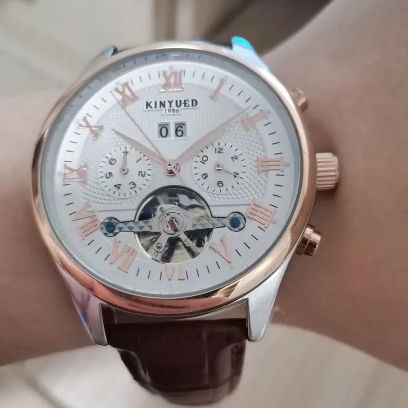 KINYUED Tourbillon Men Watches Fashion Business Automatic Mechanical Watch Men Casual Leather Waterproof Watch Relogio Masculino luxecrown.co.uk