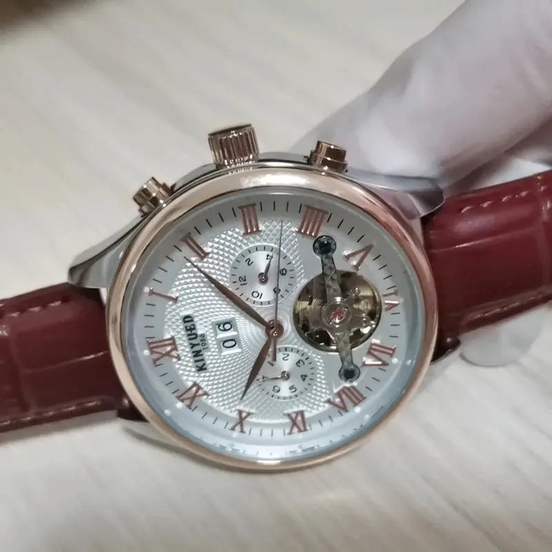 KINYUED Tourbillon Men Watches Fashion Business Automatic Mechanical Watch Men Casual Leather Waterproof Watch Relogio Masculino luxecrown.co.uk