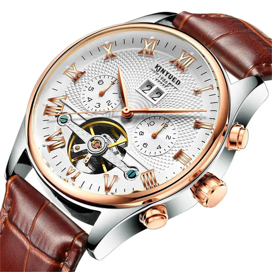 KINYUED Tourbillon Men Watches Fashion Business Automatic Mechanical Watch Men Casual Leather Waterproof Watch Relogio Masculino luxecrown.co.uk