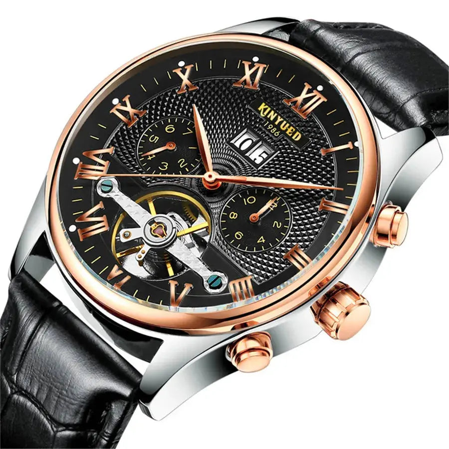 KINYUED Tourbillon Men Watches Fashion Business Automatic Mechanical Watch Men Casual Leather Waterproof Watch Relogio Masculino luxecrown.co.uk