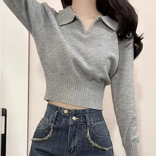 Korean Chic Turndown Collar Sweaters Female Gray Slim Fit Long Sleeve Cropped Sweater for Woman Streetwear Knit Pullovers luxecrown.co.uk