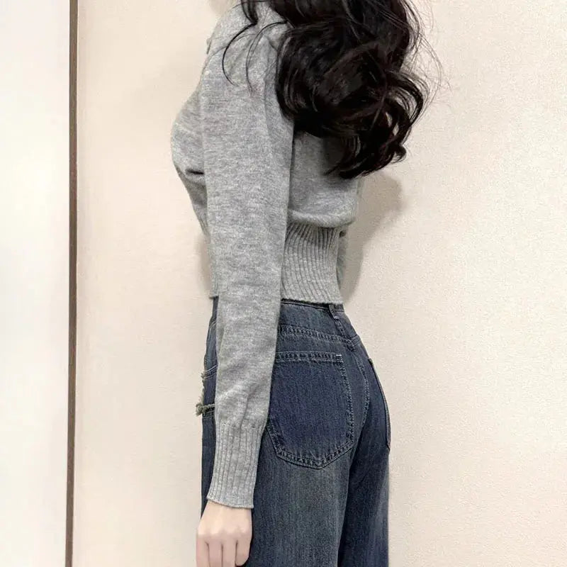 Korean Chic Turndown Collar Sweaters Female Gray Slim Fit Long Sleeve Cropped Sweater for Woman Streetwear Knit Pullovers luxecrown.co.uk