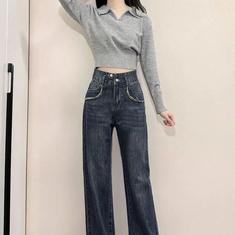Korean Chic Turndown Collar Sweaters Female Gray Slim Fit Long Sleeve Cropped Sweater for Woman Streetwear Knit Pullovers luxecrown.co.uk