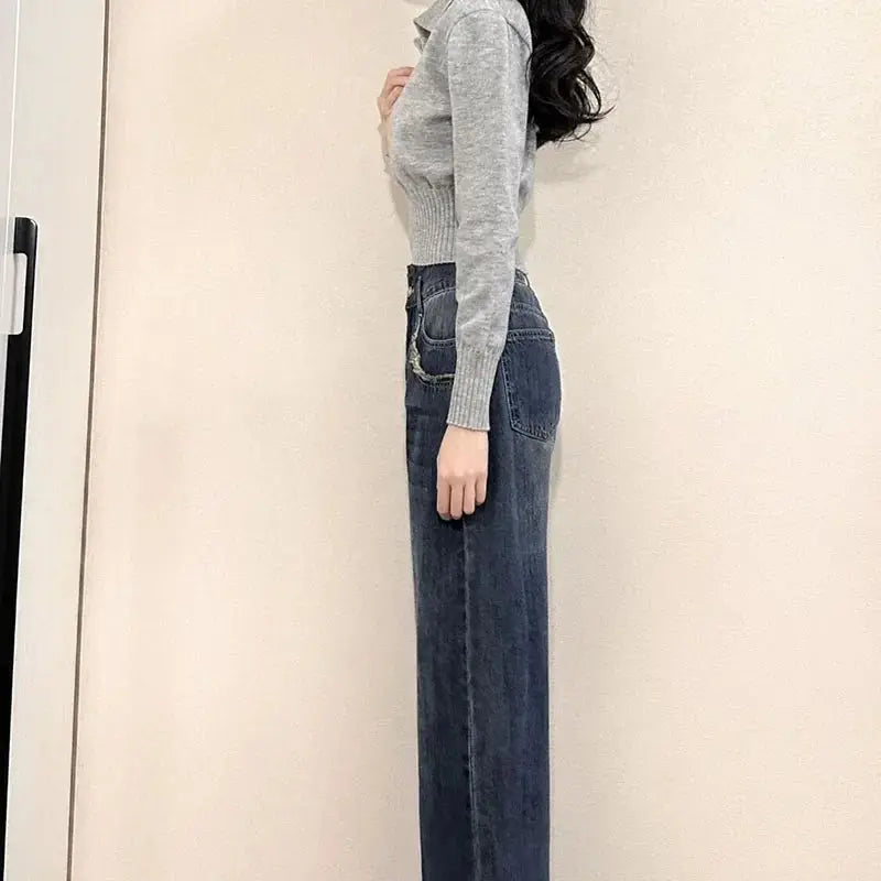 Korean Chic Turndown Collar Sweaters Female Gray Slim Fit Long Sleeve Cropped Sweater for Woman Streetwear Knit Pullovers luxecrown.co.uk