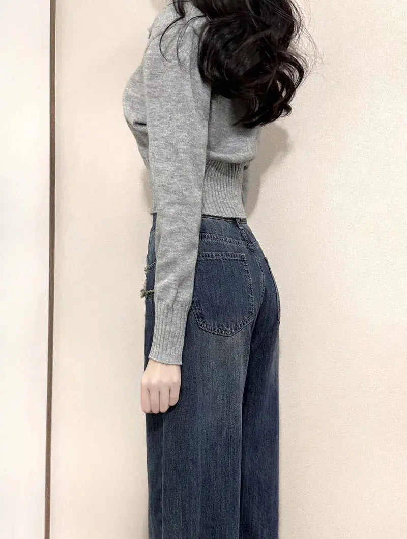 Korean Chic Turndown Collar Sweaters Female Gray Slim Fit Long Sleeve Cropped Sweater for Woman Streetwear Knit Pullovers luxecrown.co.uk