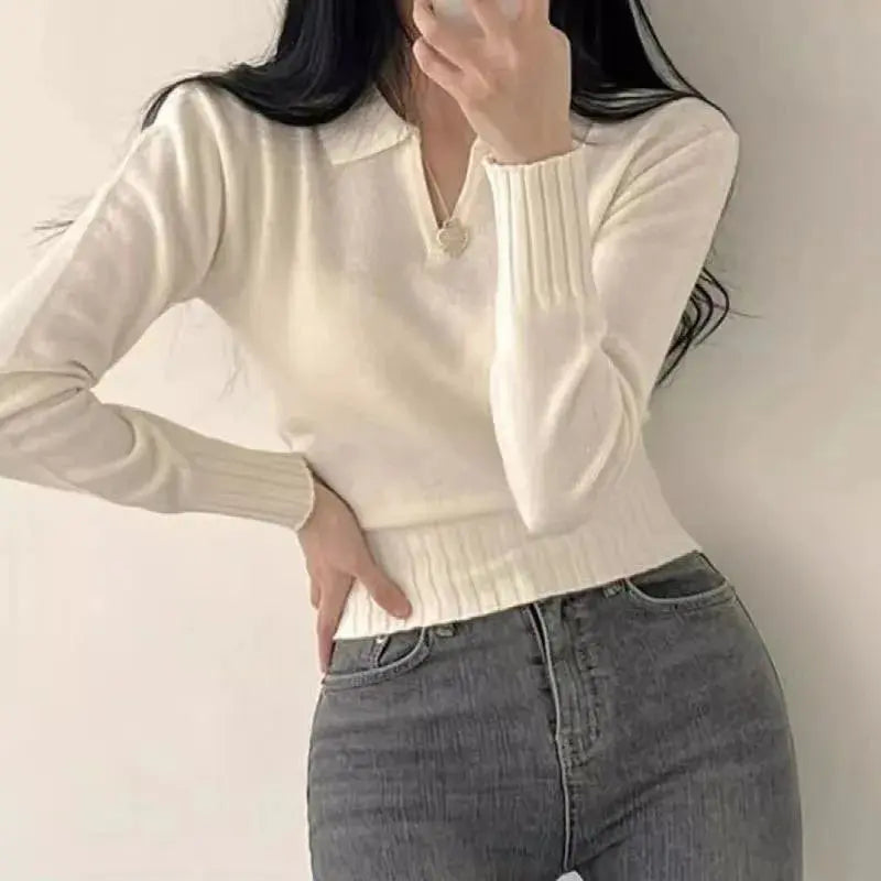 Korean Chic Turndown Collar Sweaters Female Gray Slim Fit Long Sleeve Cropped Sweater for Woman Streetwear Knit Pullovers luxecrown.co.uk