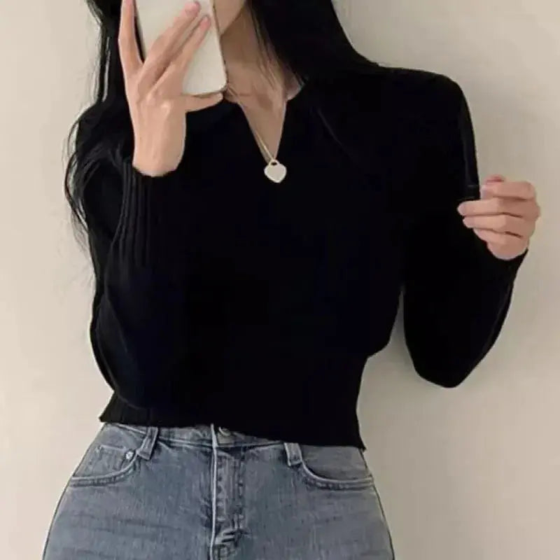 Korean Chic Turndown Collar Sweaters Female Gray Slim Fit Long Sleeve Cropped Sweater for Woman Streetwear Knit Pullovers luxecrown.co.uk
