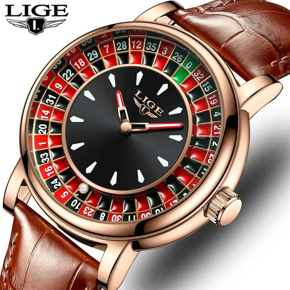 LIGE Fashion Brown Leather Men Watch Rotating Dial Las Vegas Roulette Desktop Theme Watch Men Waterproof Luminous Clock Watches luxecrown.co.uk