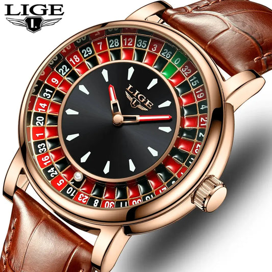 LIGE Fashion Brown Leather Men Watch Rotating Dial Las Vegas Roulette Desktop Theme Watch Men Waterproof Luminous Clock Watches luxecrown.co.uk