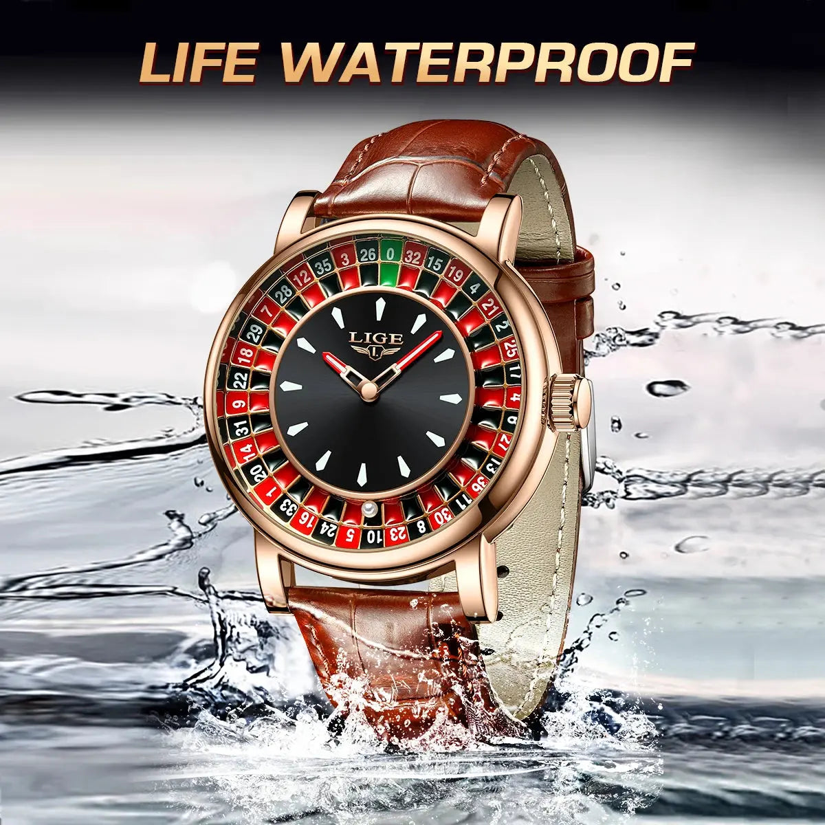 LIGE Fashion Brown Leather Men Watch Rotating Dial Las Vegas Roulette Desktop Theme Watch Men Waterproof Luminous Clock Watches luxecrown.co.uk
