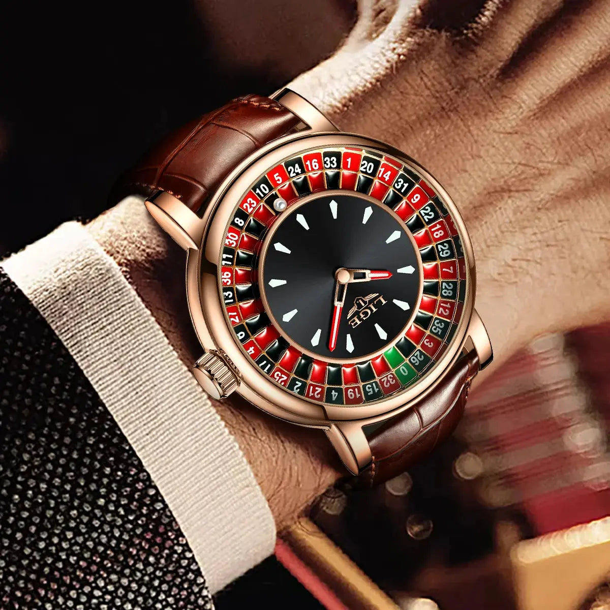 LIGE Fashion Brown Leather Men Watch Rotating Dial Las Vegas Roulette Desktop Theme Watch Men Waterproof Luminous Clock Watches luxecrown.co.uk