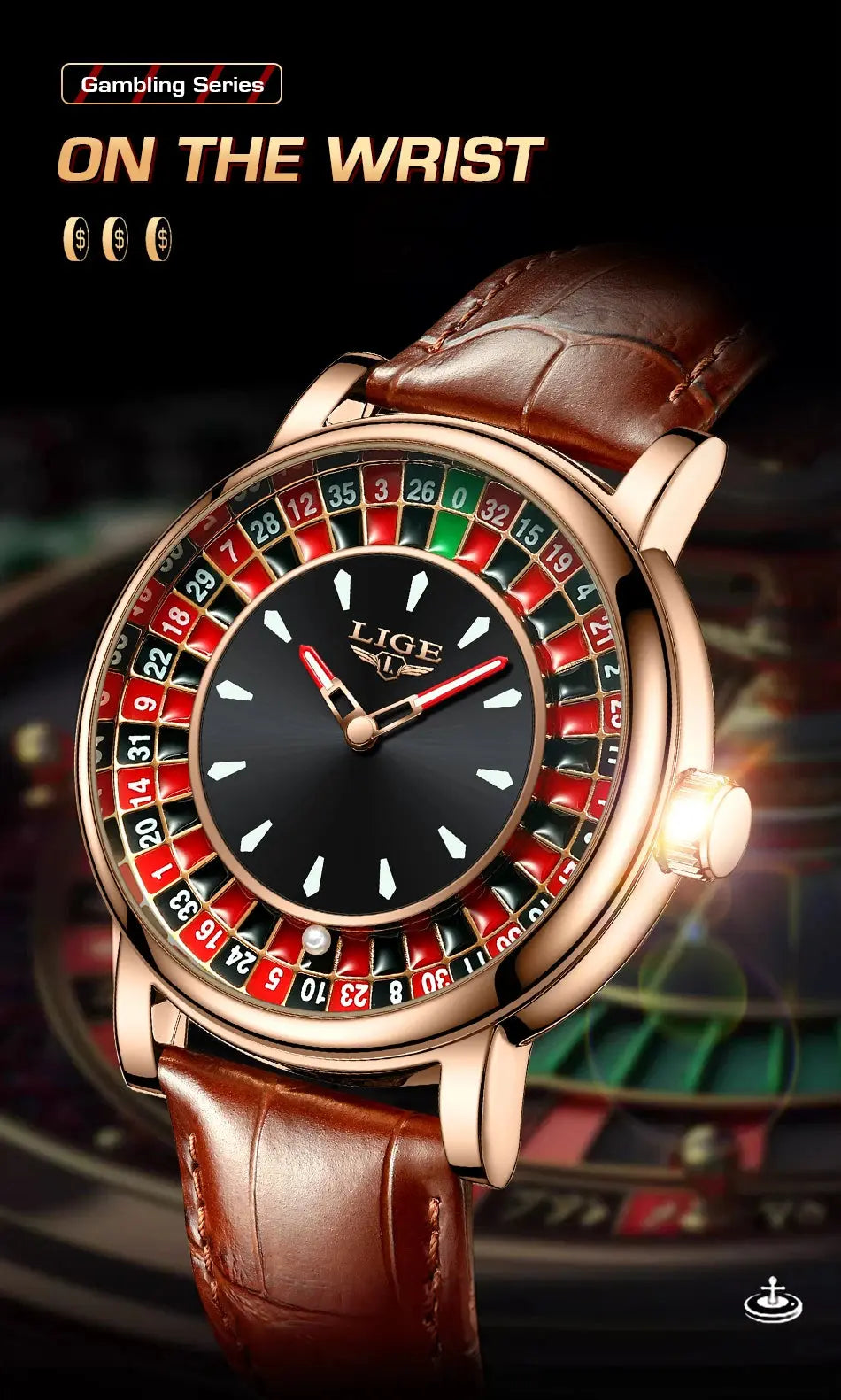 LIGE Fashion Brown Leather Men Watch Rotating Dial Las Vegas Roulette Desktop Theme Watch Men Waterproof Luminous Clock Watches luxecrown.co.uk