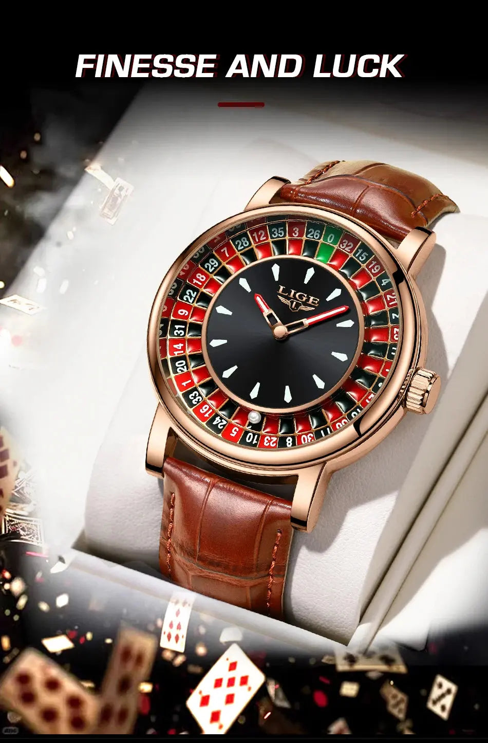 LIGE Fashion Brown Leather Men Watch Rotating Dial Las Vegas Roulette Desktop Theme Watch Men Waterproof Luminous Clock Watches luxecrown.co.uk